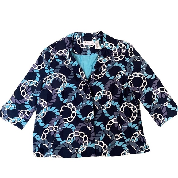 ALFRED DUNNER Jacket Size 14 Nautical Print Blazer Navy Blue Turquoise - Picture 1 of 10